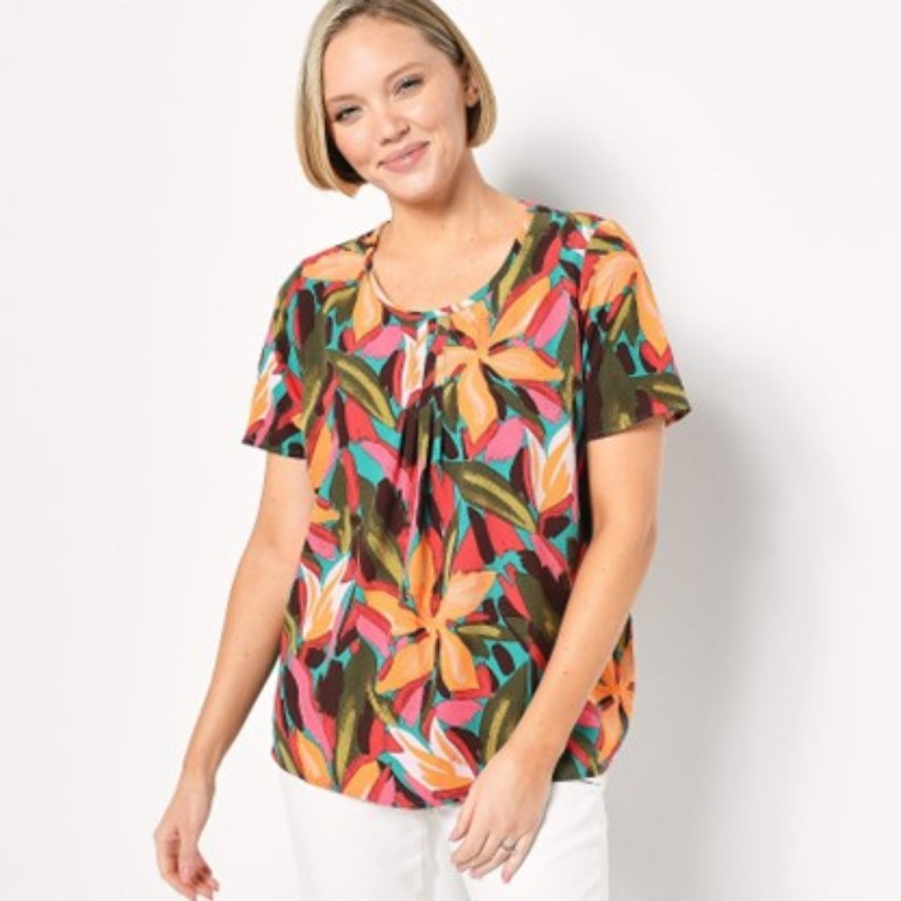 Denim and Co Printed Pintuck Short Sleeve Blouse NWOT